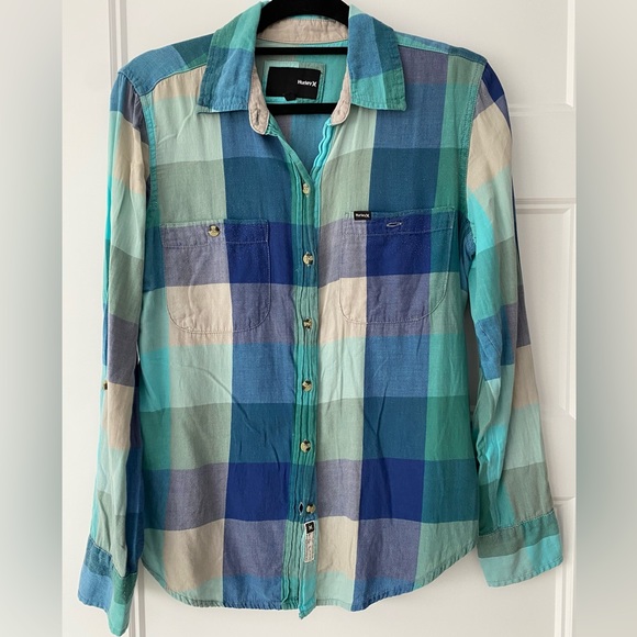 Hurley green and blue boyfriend checkered flannel shirt - Picture 2 of 5